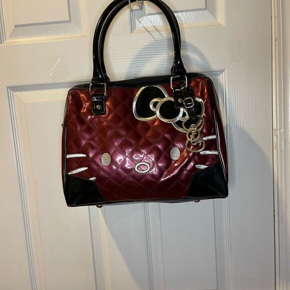 Hello kitty Sanrio Berry Patent quilted &face embroidery Satchel black straps - Picture 2 of 16